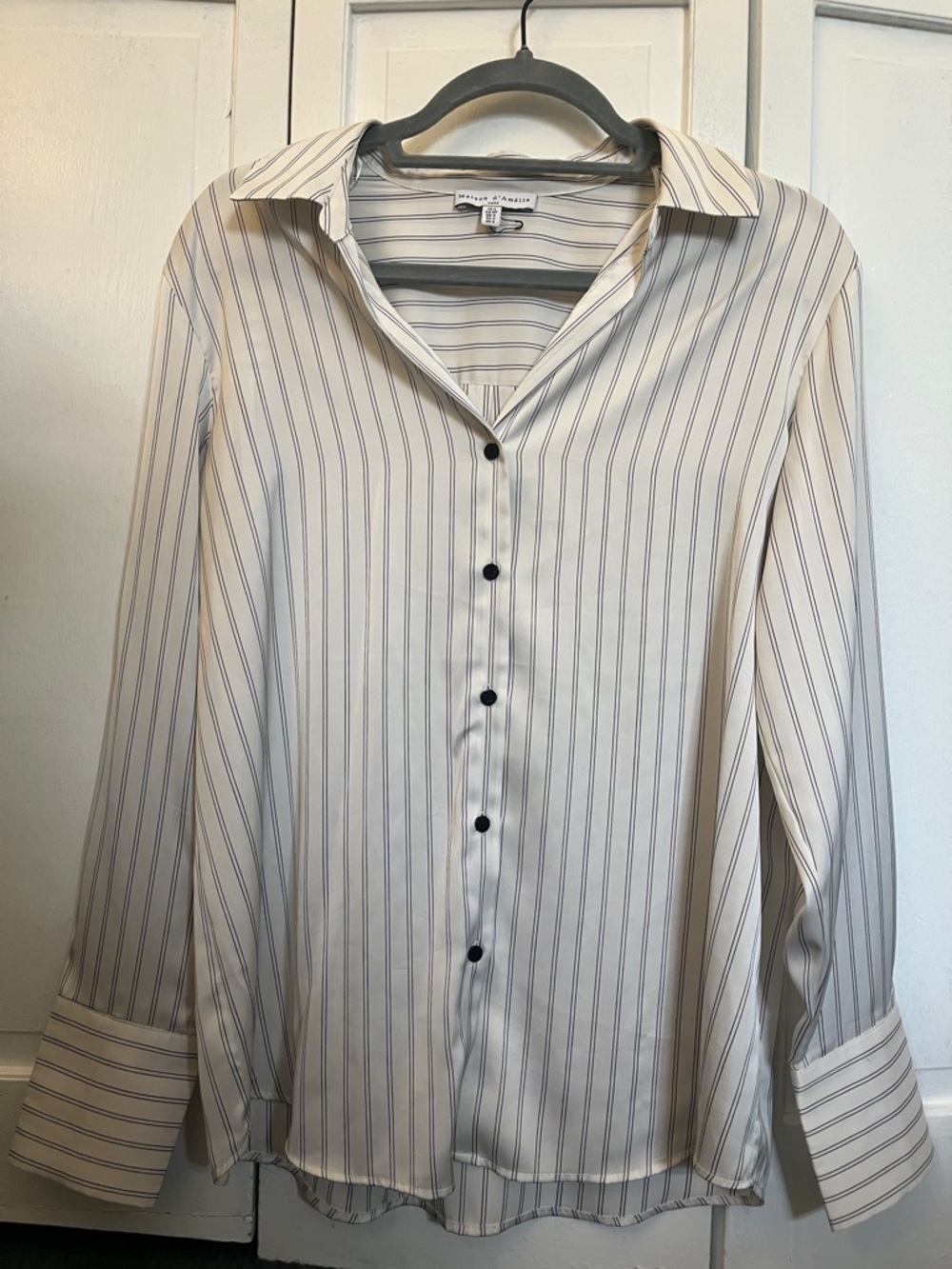 Maison Jules Silk White and Black Striped Button-Down Shirt